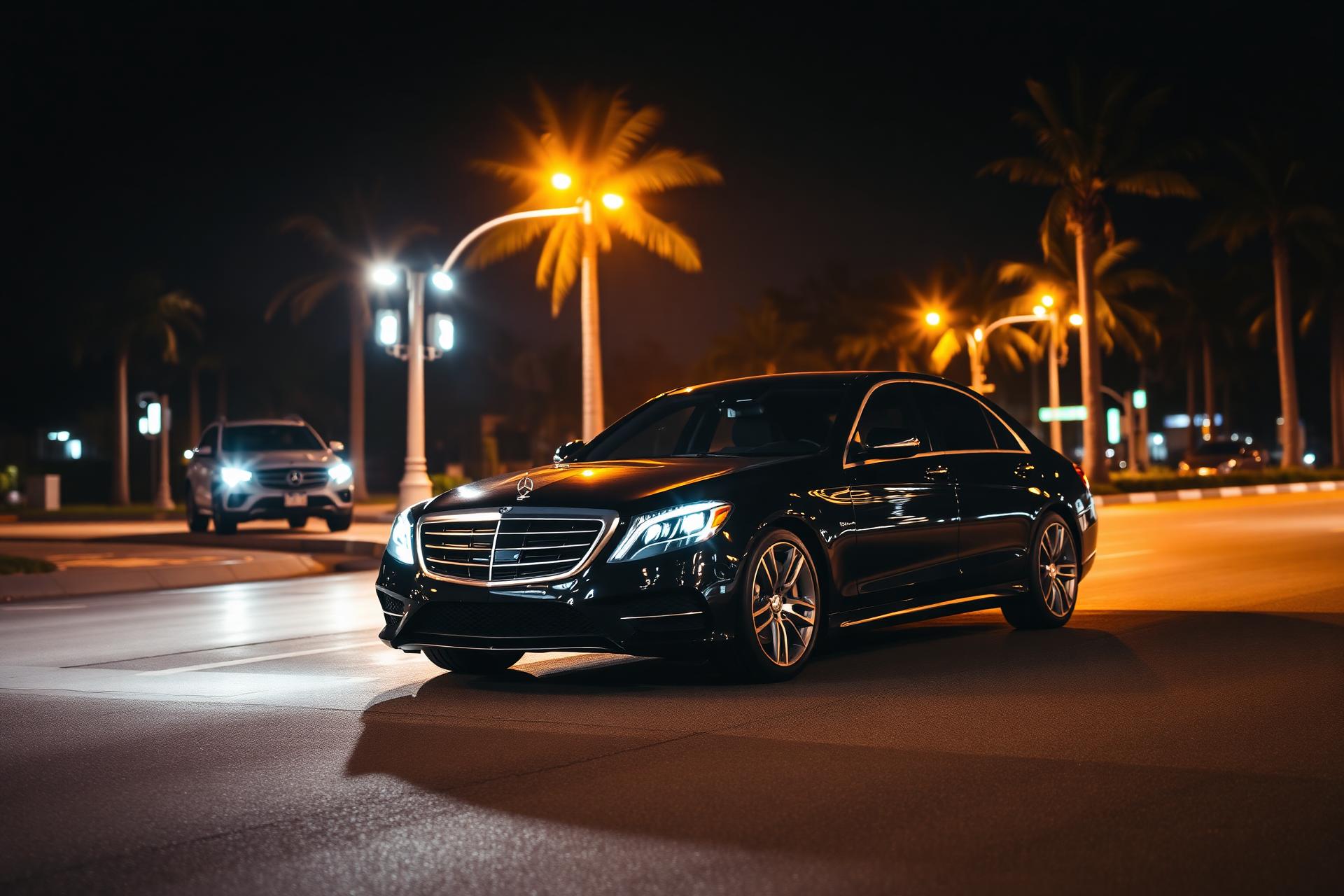 Black luxury Mercedes sedan on a Miami street at night — JW Reliable Car Service